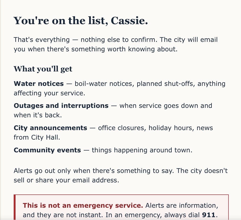 Email from the City of Farwell reading: You're on the list, Cassie, listing water notices, outages and interruptions, city announcements and community events.