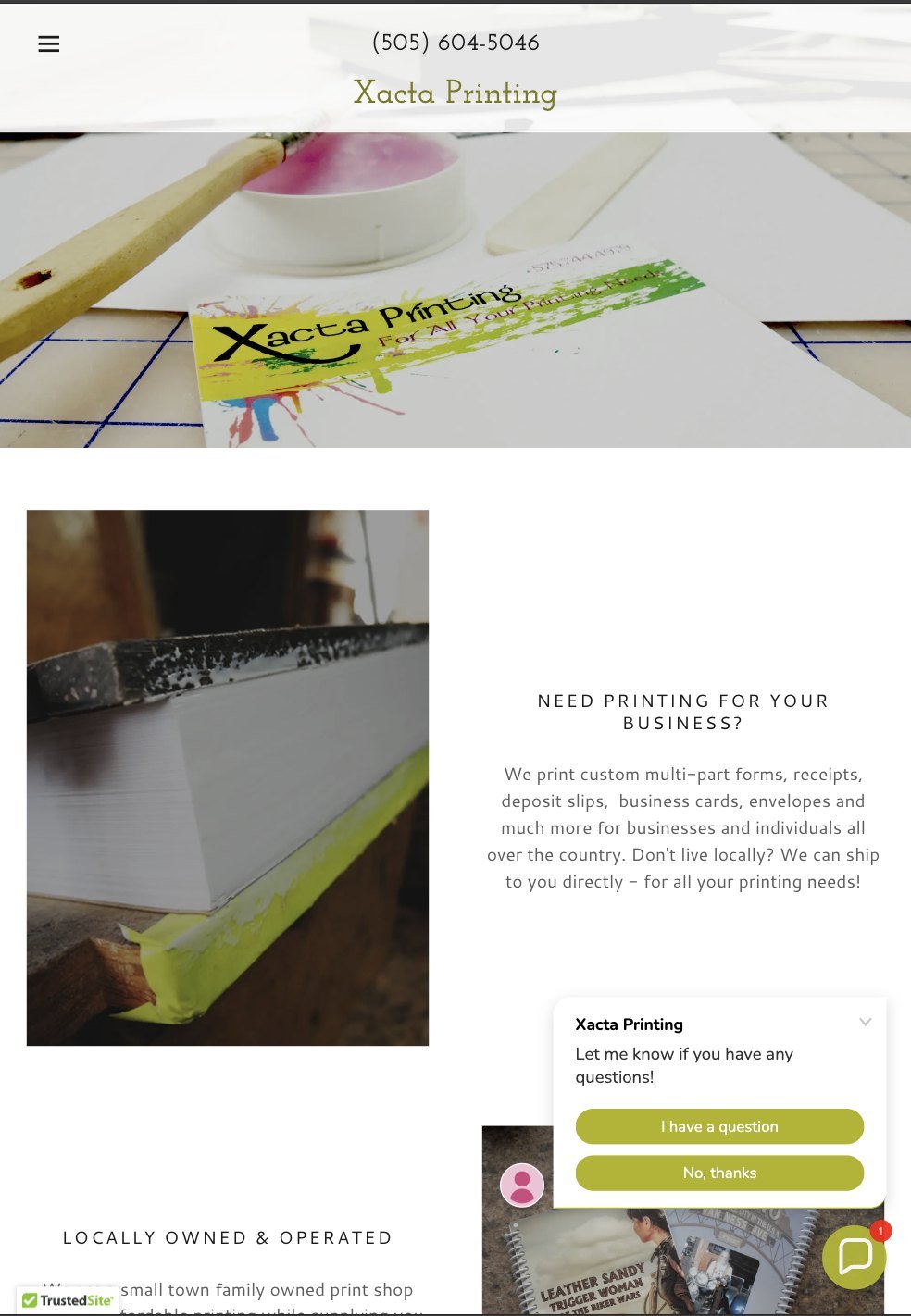 Xacta Printing homepage on a phone, showing the shop's logo over a press photograph.